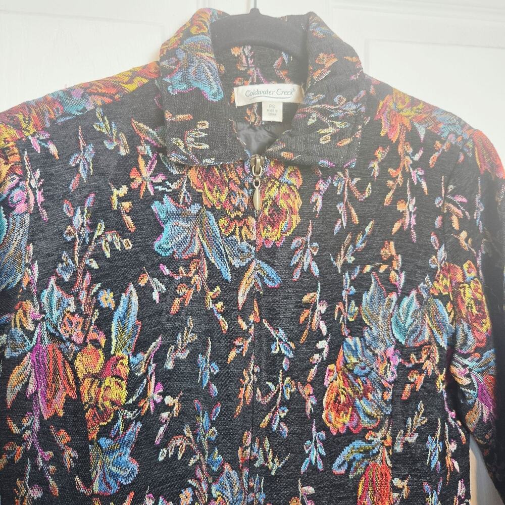 Coldwater Creek Jacket PS Petite Black Floral Tapestry Knit Zip Lined